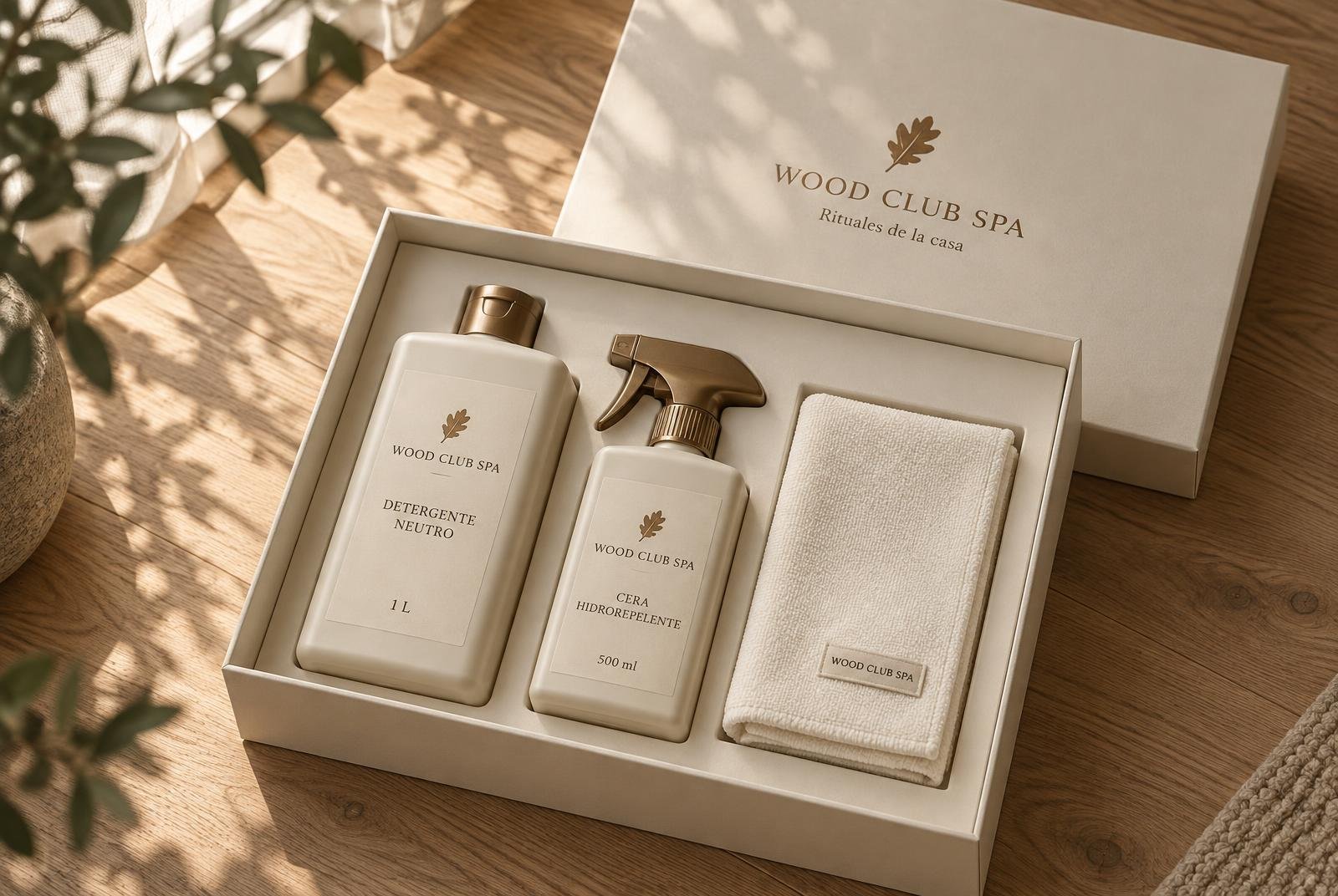 Caja Wood Club Spa con detergente neutro, cera hidrorepelente y paño