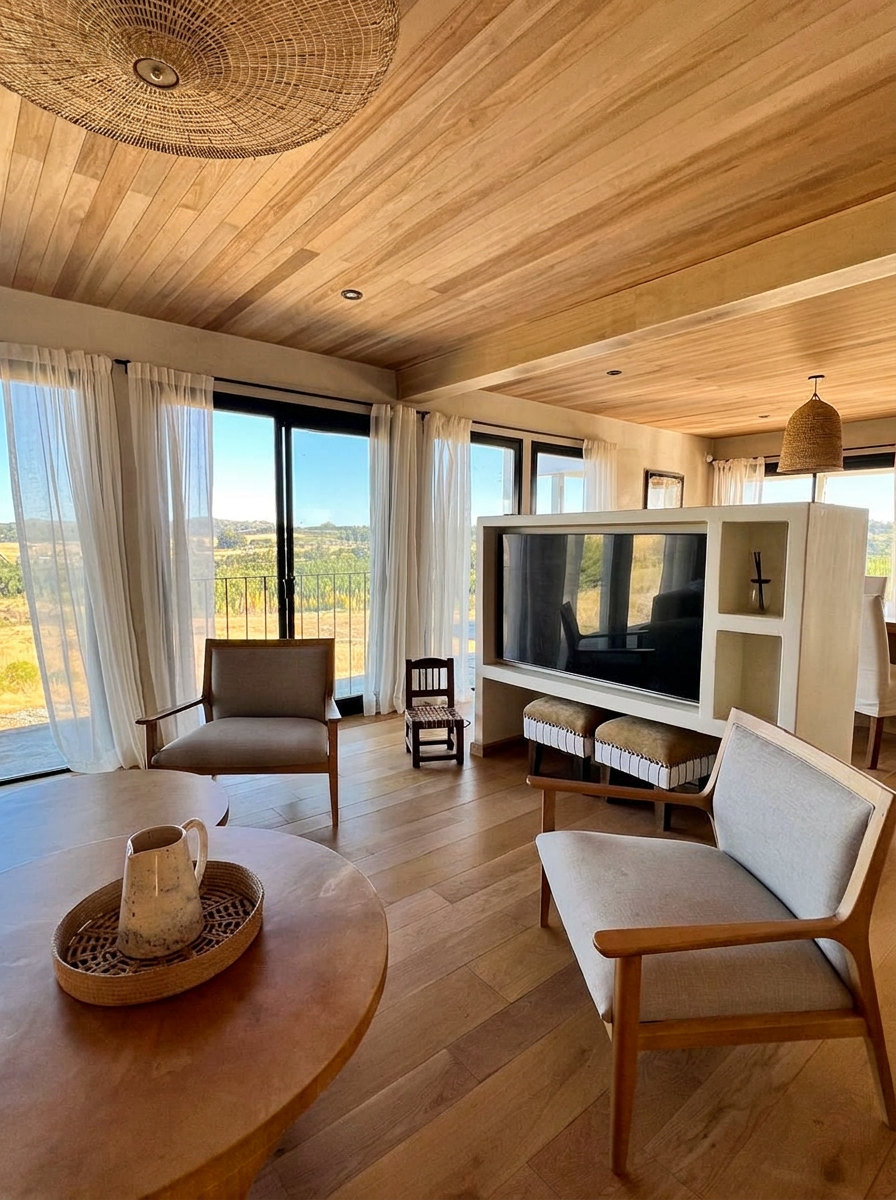 Interior de la obra Tandil, living con cielorraso y piso de madera