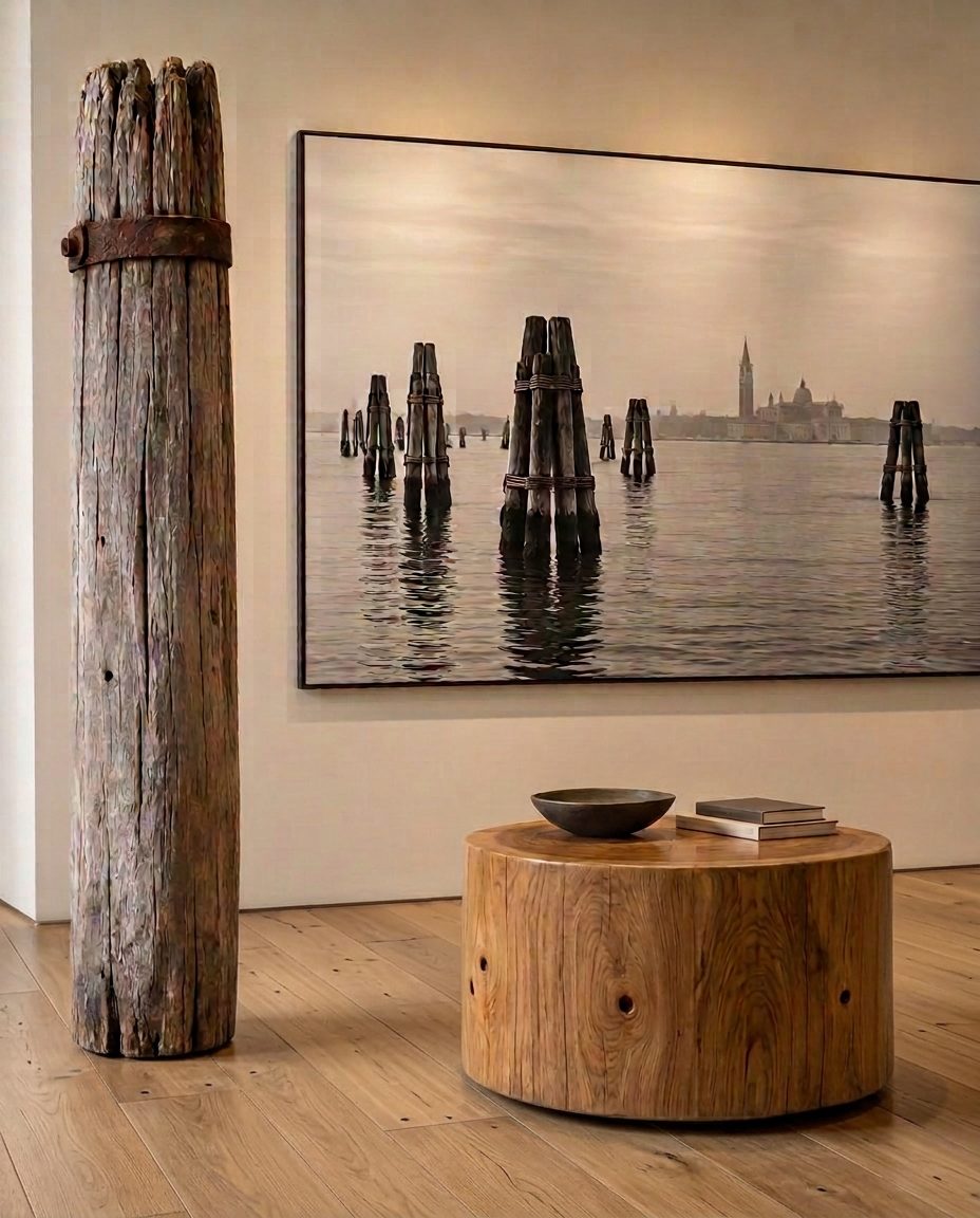 Poste de brícola veneciana con su aro de hierro, un tambor de madera de brícola y una fotografía de las brícolas en la laguna de Venecia, sobre un piso de tablones fino
