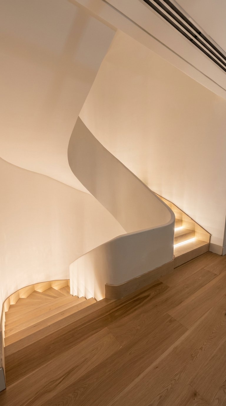 Escalera curva de roble en la obra de calle Mendoza, en Belgrano