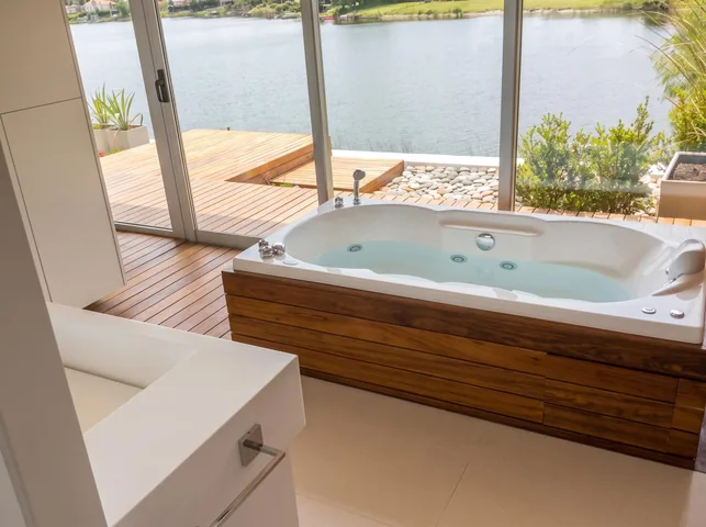 Baño con hidromasaje revestido en madera frente al lago