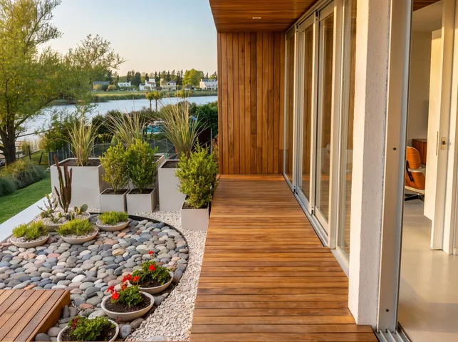 Deck de madera y jardín seco frente al lago