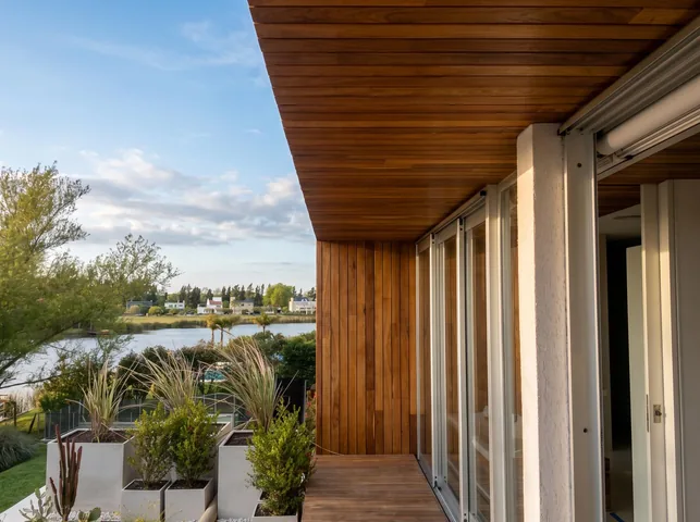 Alero de madera sobre la galería con vista al lago