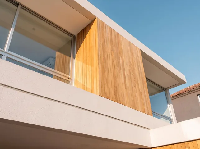 Volumen revestido en listones de madera en la planta alta