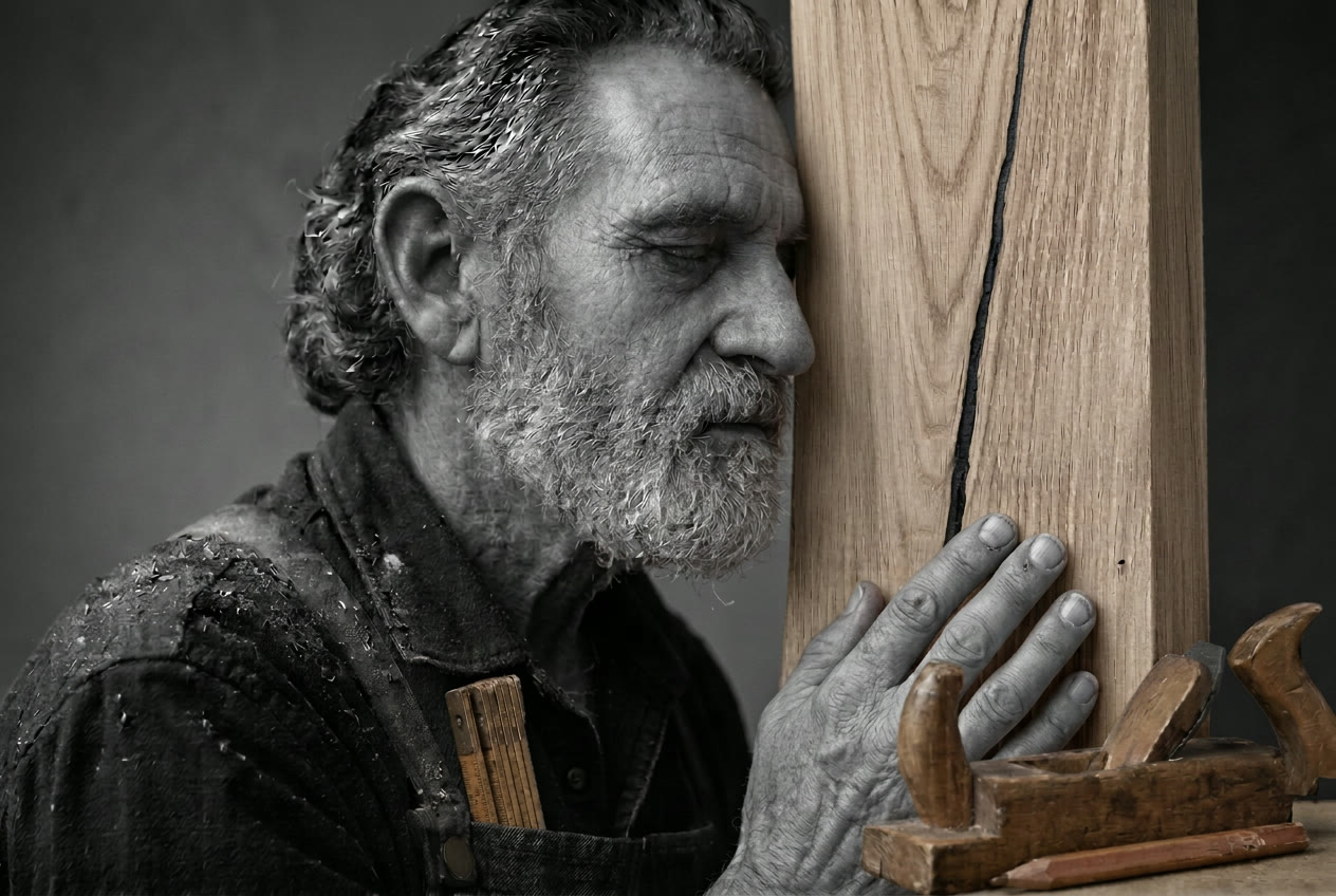 Las manos del maestro sobre una tabla de roble