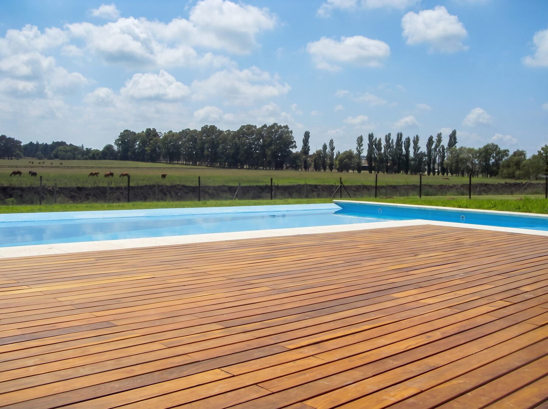 Deck de madera junto a la piscina frente al campo con caballos