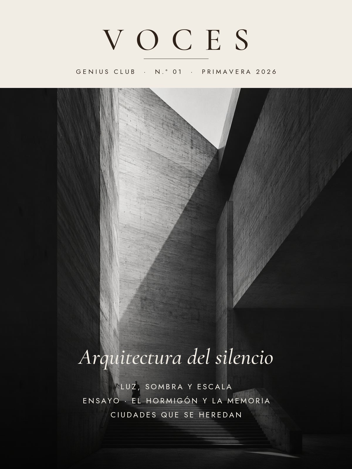 Portada del número 1 de Voces, el magazine de Genius Club: Arquitectura del silencio